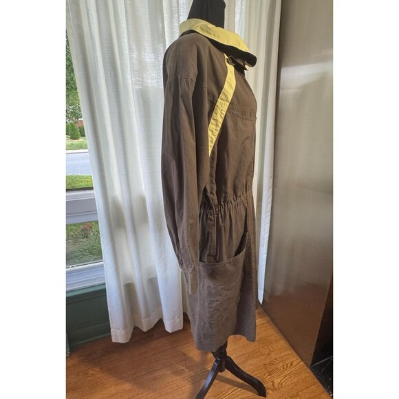 Vintage 80s dress, cocoa brown & yellow, asymmetrical collar, avant-garde style - Picture 8 of 10